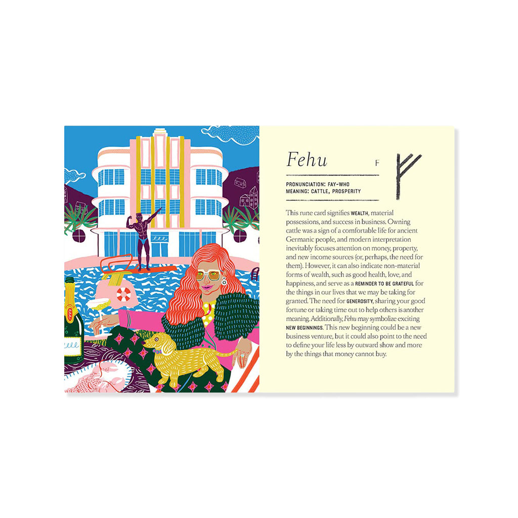 Illustrated card about the ancient rune for prosperity and wealth with a colourful scene and text on a white background