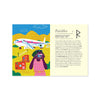 Illustrated card with the ancient rune for journey and travel featuring a cartoon person, suitcase, and airplane on a colourful background 