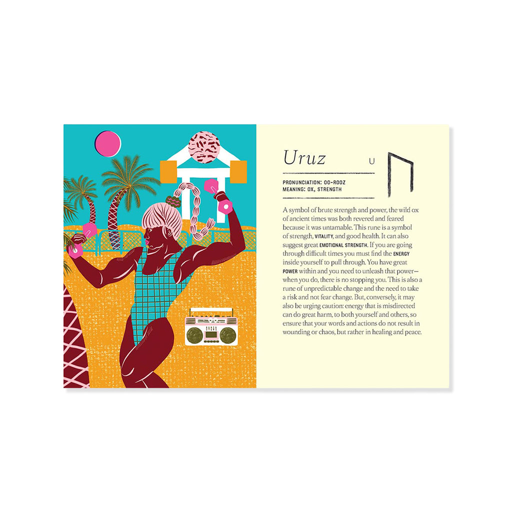 Card about ancient rune for strength featuring a colourful illustration of a figure with a boombox, palm trees, and geometric shapes on a white background.