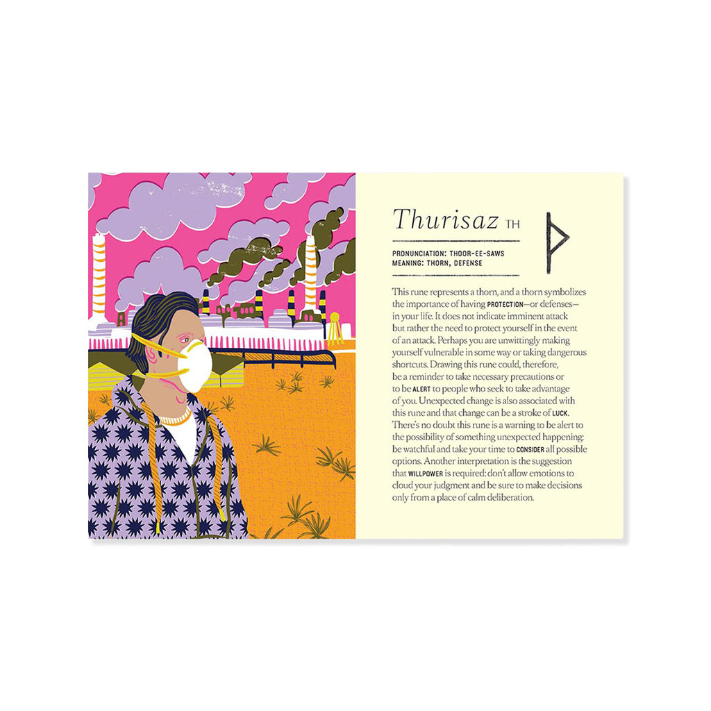 Card for ancient rune for defence featuring an illustration of a cartoon person wearing a face mask with a colourful background and text on a white card.