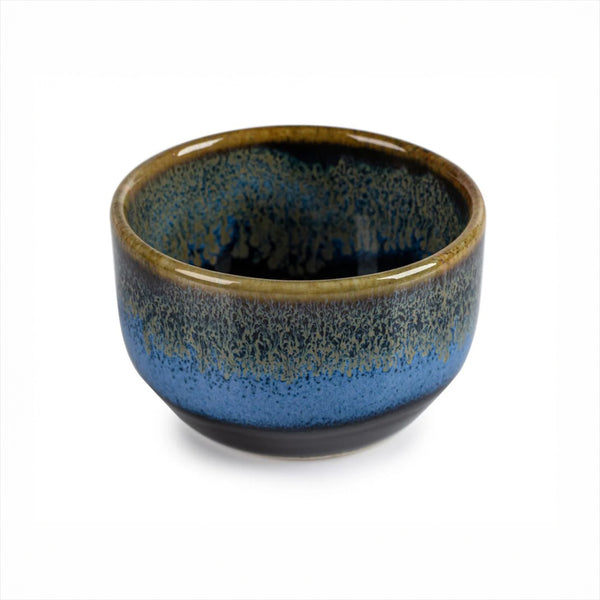 Ceramic small sake drinking cup bowl with blue and brown gradient on a white background