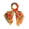 Patterned scarf with orange and red oriental eucalyptus and hand fans design on a white background.