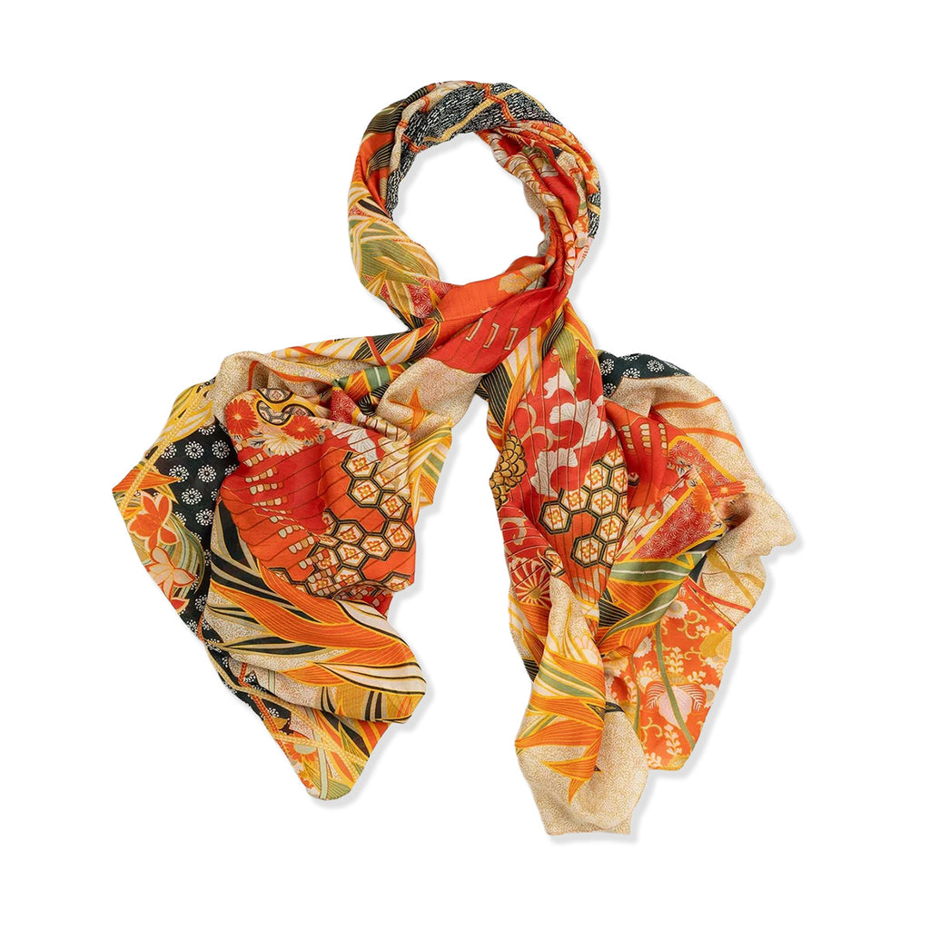 Patterned scarf with orange and red oriental eucalyptus and hand fans design on a white background.