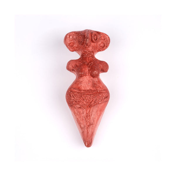 wax sculpture goddesses designed like ancient artefacts and finished in a red/brown colourway on a white background.