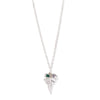 Silver fern leaf necklace with colourful gemstone beads on a white background.