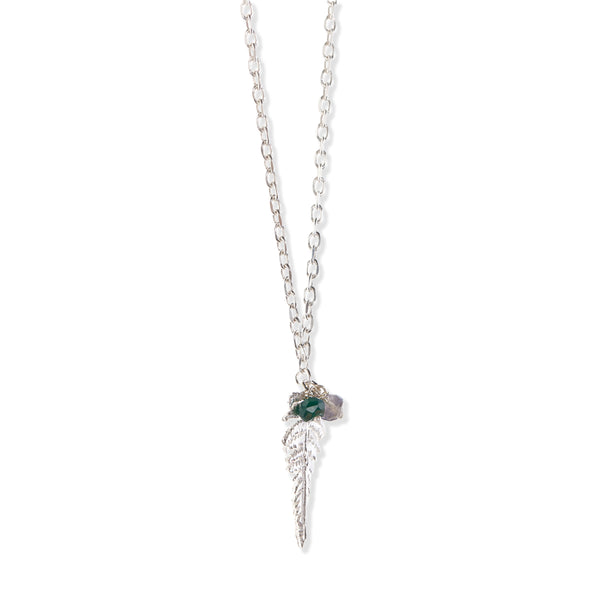 Silver fern leaf necklace with colourful gemstone beads on a white background.