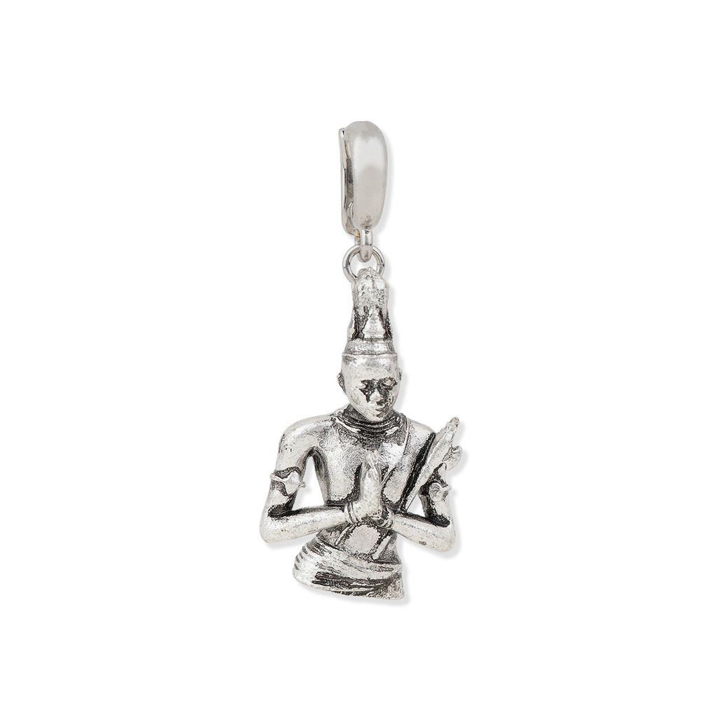 Silver pendant of a figure holding a sword on a white background