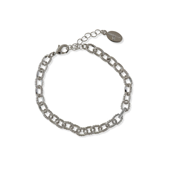 A silver metal charm bracelet on a white background.