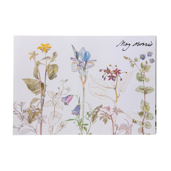 Notebook with floral design and 'May Morris' signature in the top right corner