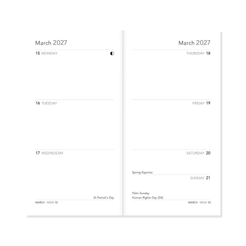 Two diary pages for March 2027 showing a minimalist design.