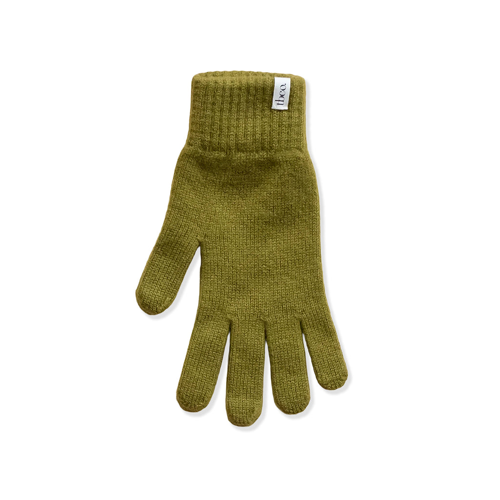 Olive green wool glove on a white background.