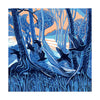 Artistic depiction of birds in a forest with a blue and orange colour scheme by artist Annie Soudain.