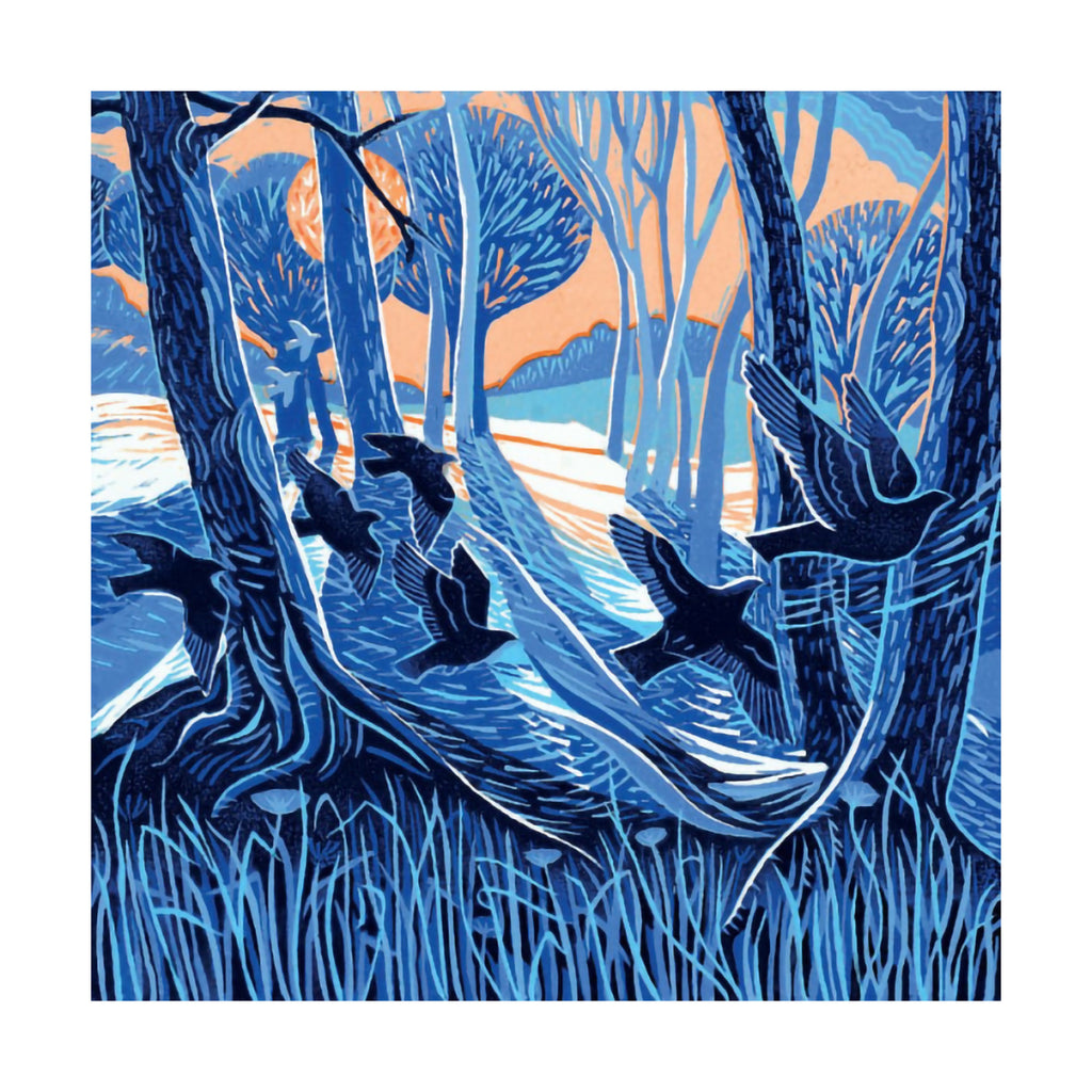 Artistic depiction of birds in a forest with a blue and orange colour scheme by artist Annie Soudain.
