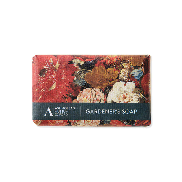 Bar of soap with floral design packaging on a white background