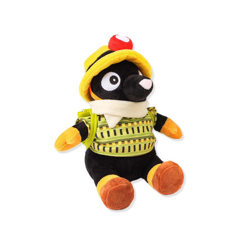 Plush toy of Ashmole cartoon character with a yellow hat and striped shirt on a white background