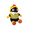 Plush toy of Ashmole cartoon character with a yellow hat and striped shirt on a white background