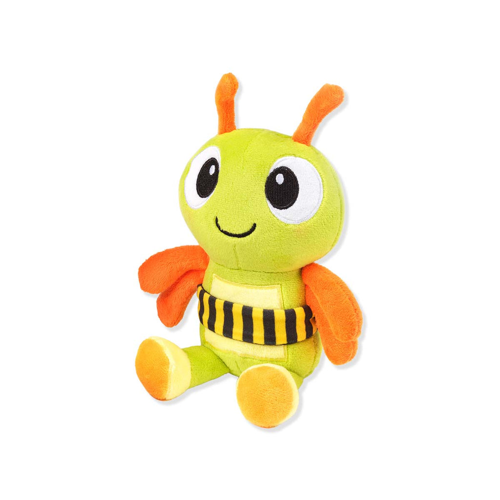 Green plush toy with orange accents of Beetle cartoon character on a white background