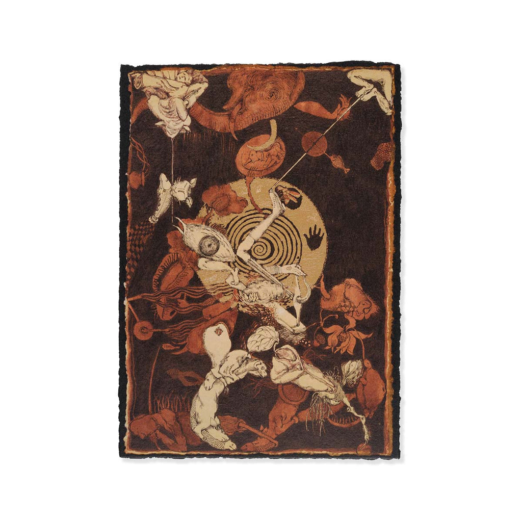 Decorative A5 print with deckled edges featuring a brown abstract design of animals and geometric patterns on a dark background
