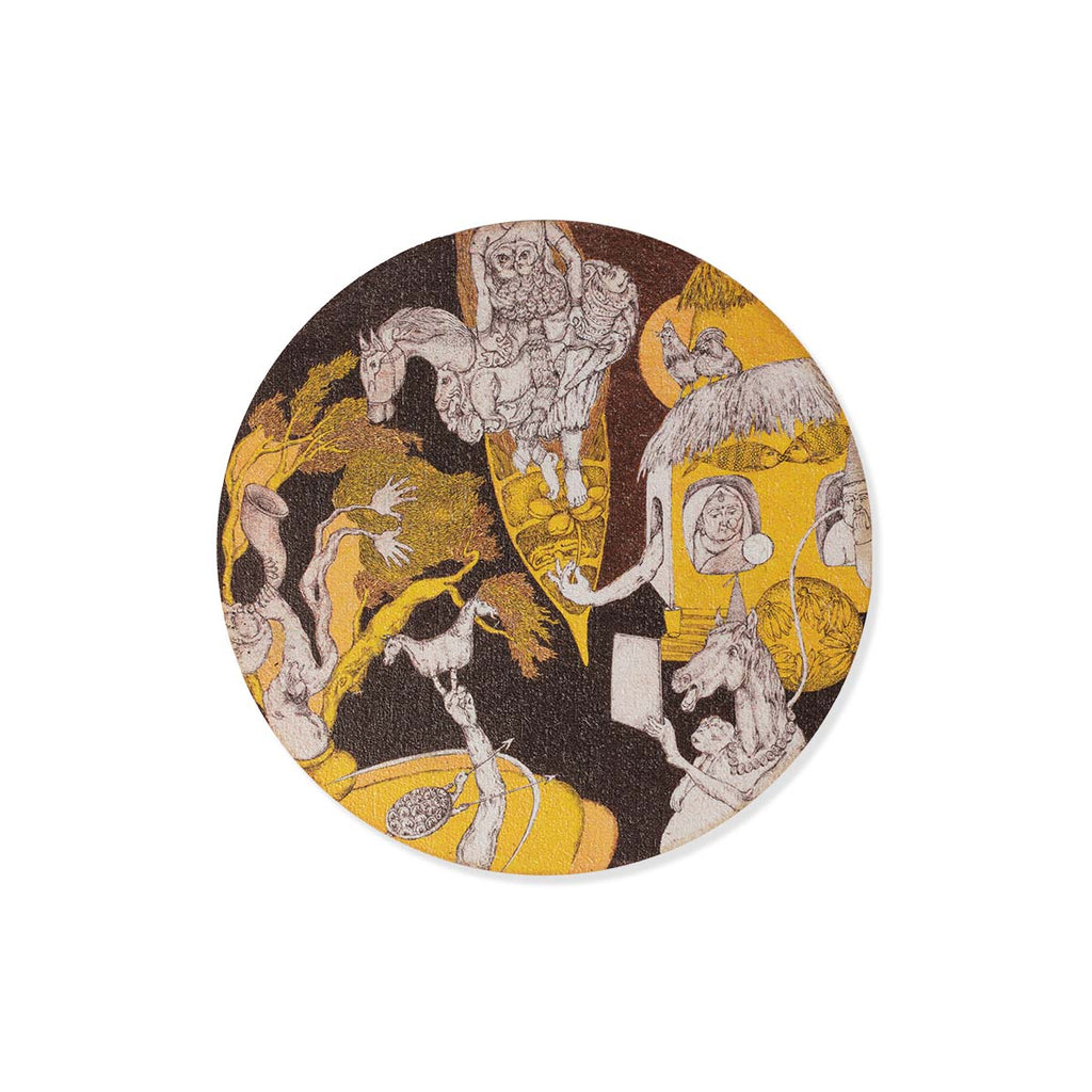 Round coaster with artistic design on a white background