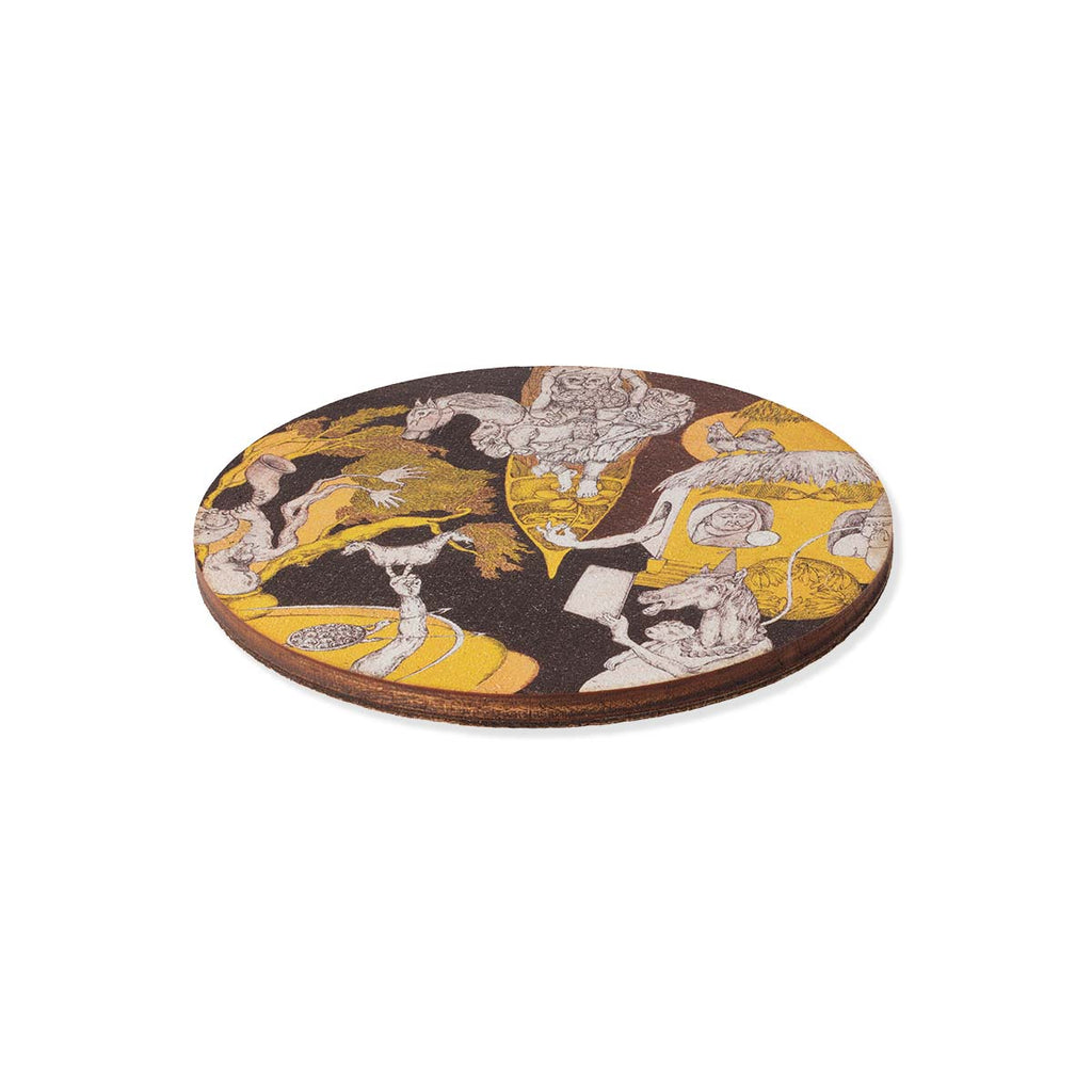 Round coaster with artistic design on a white background