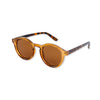 Round sunglasses with brown lenses and tortoiseshell frame on a white background