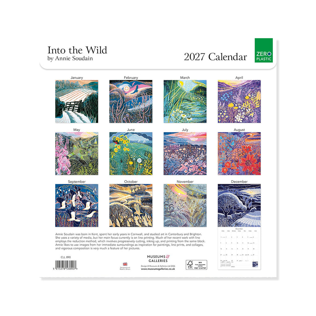 2027 calendar titled 'Into the Wild' by Annie Soudain with artistic illustrations of nature scenes.