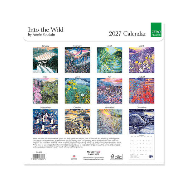 2027 calendar titled 'Into the Wild' by Annie Soudain with artistic illustrations of nature scenes.
