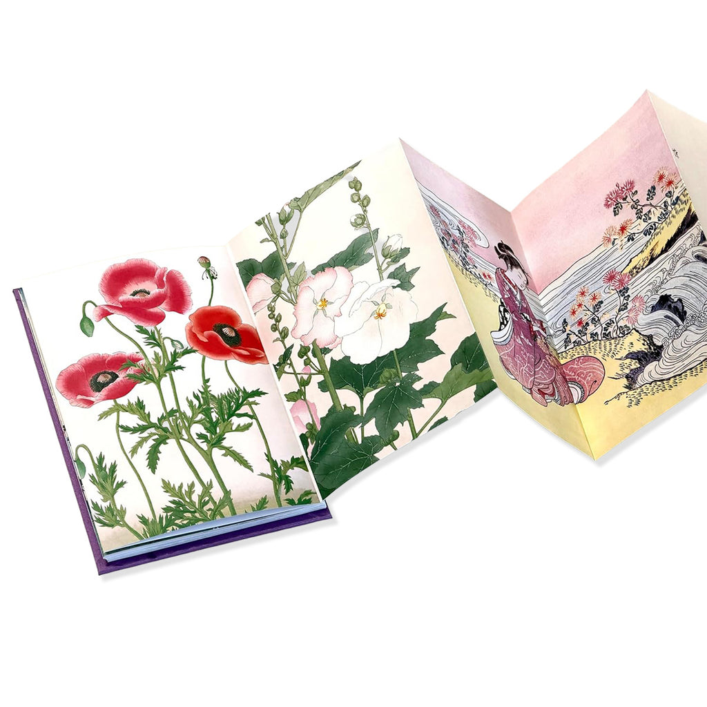Flowers and Japanese woodblock print artworks on unfolded pages from Spring in Japan Hardback book on a white background.