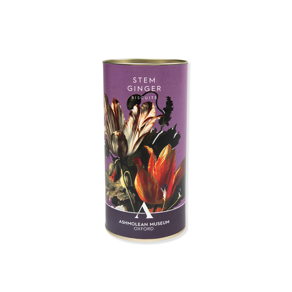 Stem ginger biscuits with cylindrical container with botanical design and 'Ashmolean Museum' branding on a white background