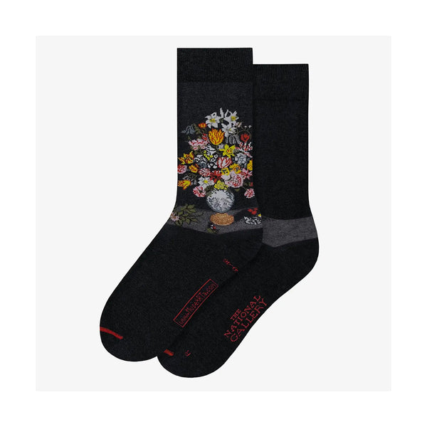 Pair of black and grey socks with colourful flower bouquet design.