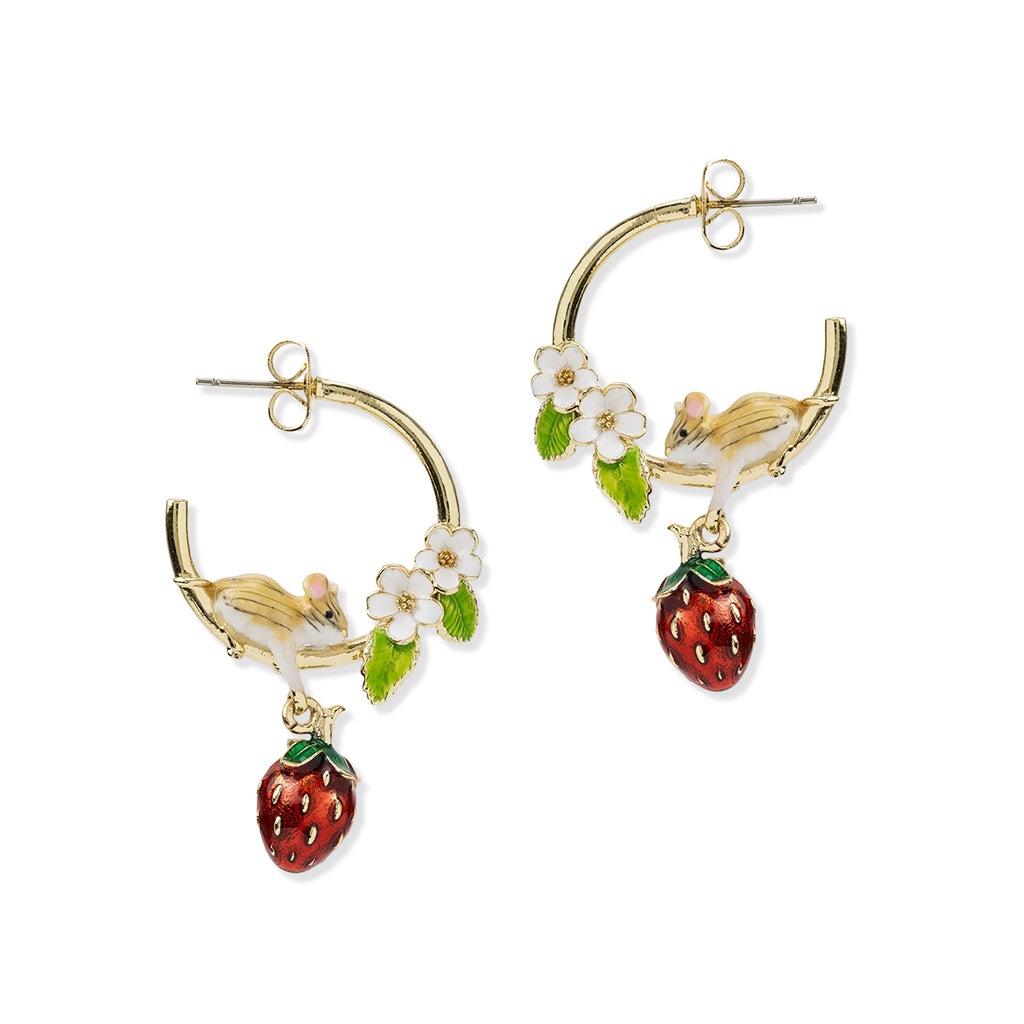 Pair of gold hoop earrings with strawberry and mouse detail on a white background.