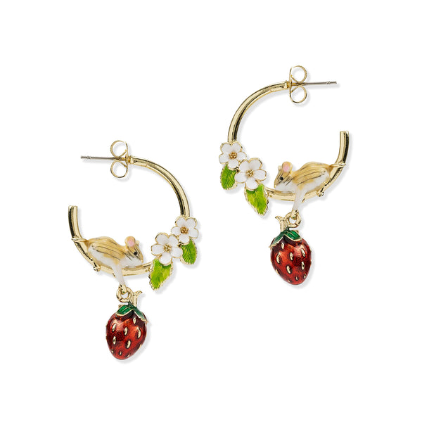 Pair of gold hoop earrings with strawberry and mouse detail on a white background.