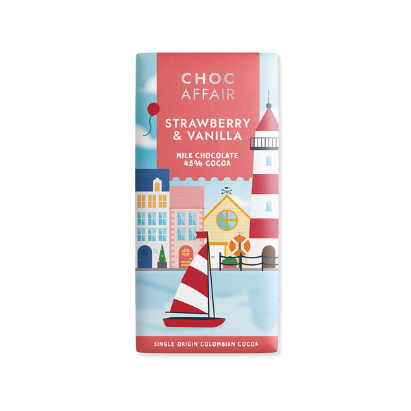 Choc Affair milk chocolate bar with strawberry and vanilla flavouring packaged in wrapper with a summertime boats and houses cartoon design.