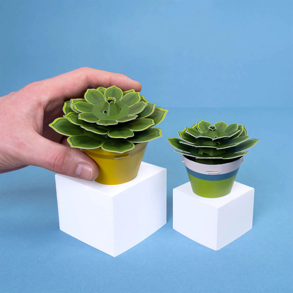 Hand holding a green potted paper succulent plant against a blue background