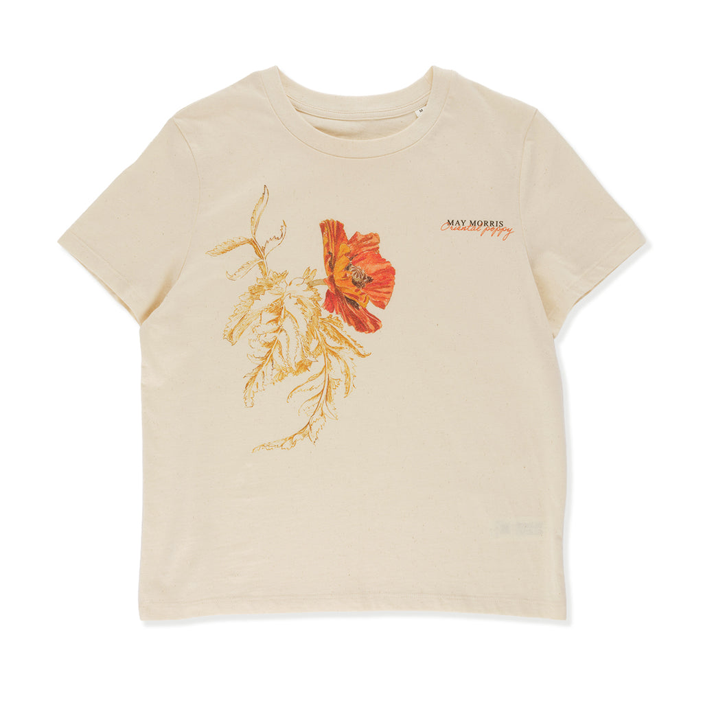 Ecru cotton t shirt with red and gold oriental poppy graphic print and text 'MAY MORRIS oriental poppy' on chest against a white background