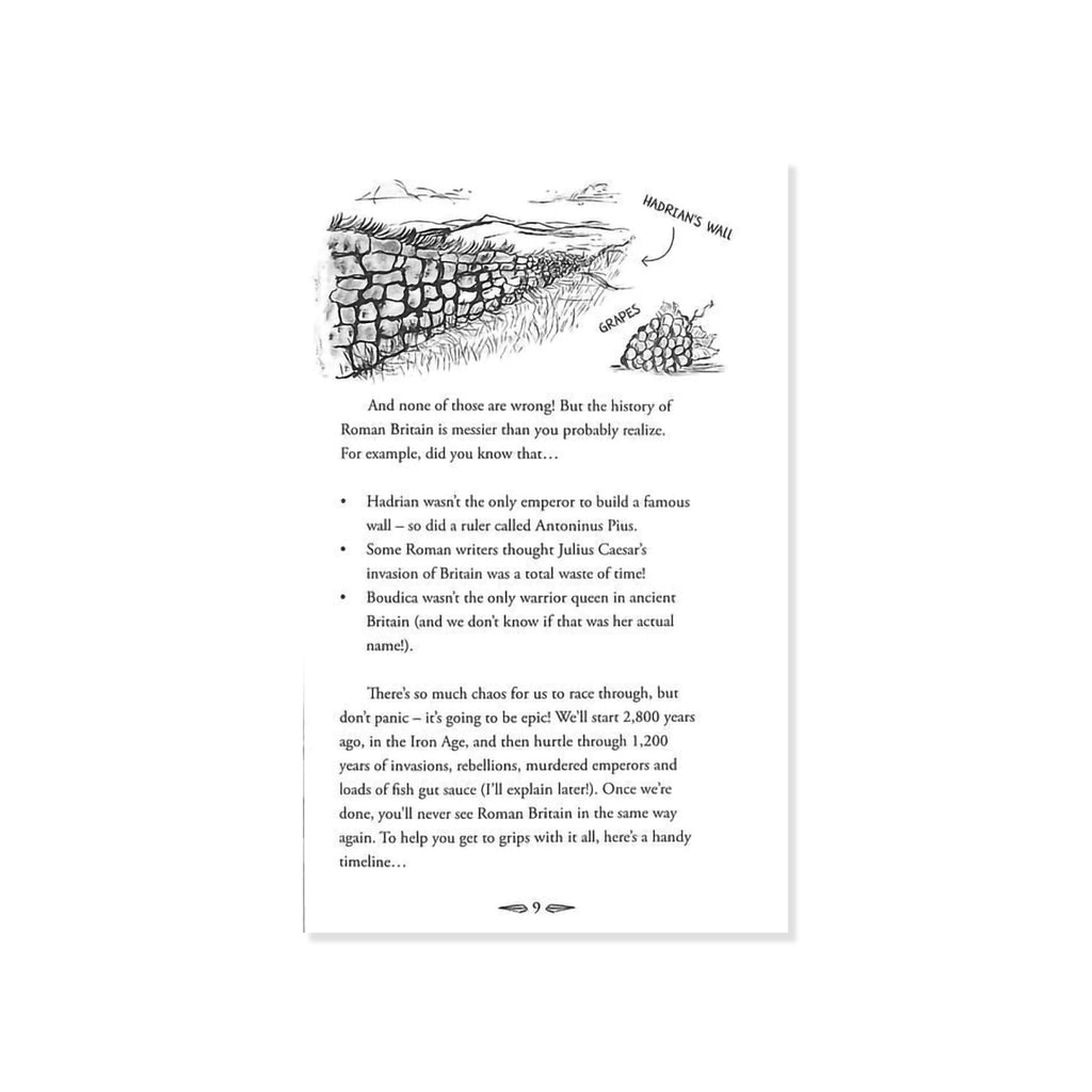 Page from a book with text and illustrations on Roman Britain, featuring a timeline and map.