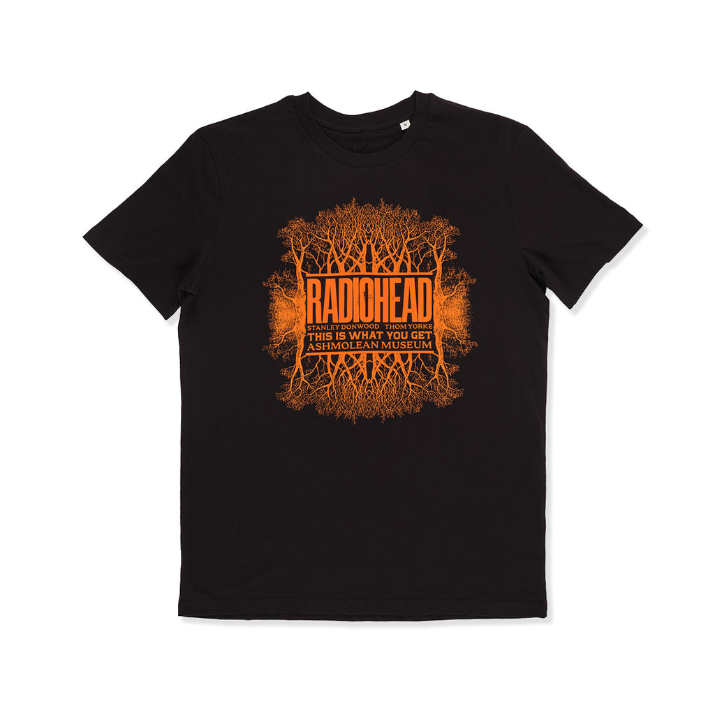 Black t-shirt with orange graphic design and text on a white background