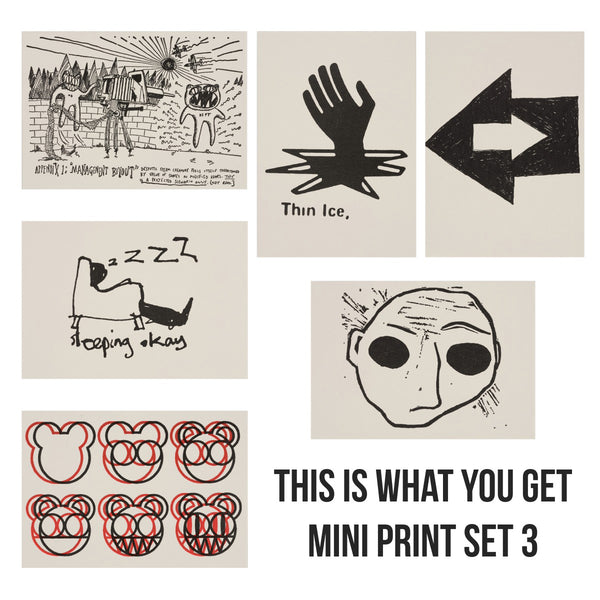 Collection of black and white illustrations on beige paper with text 'Thin Ice' and 'Sleeping okay'.