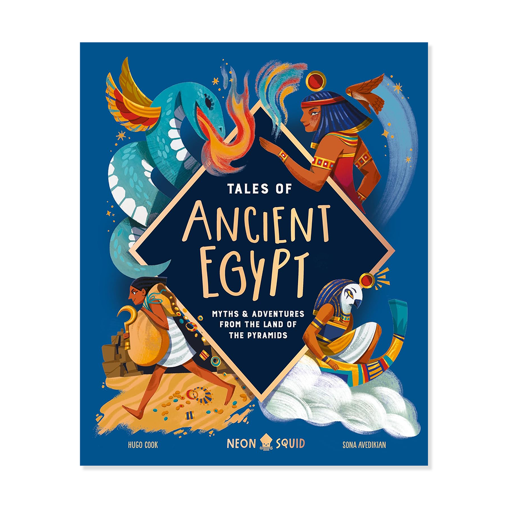 Book cover of 'Tales of Ancient Egypt' with illustrations of Egyptian gods and goddesses on a blue background.