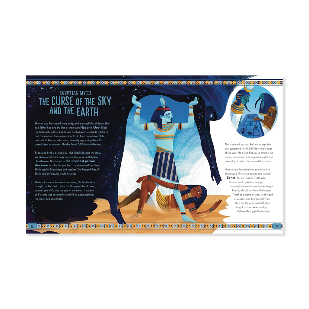 Illustration of an Egyptian myth with a figure and text on a white background