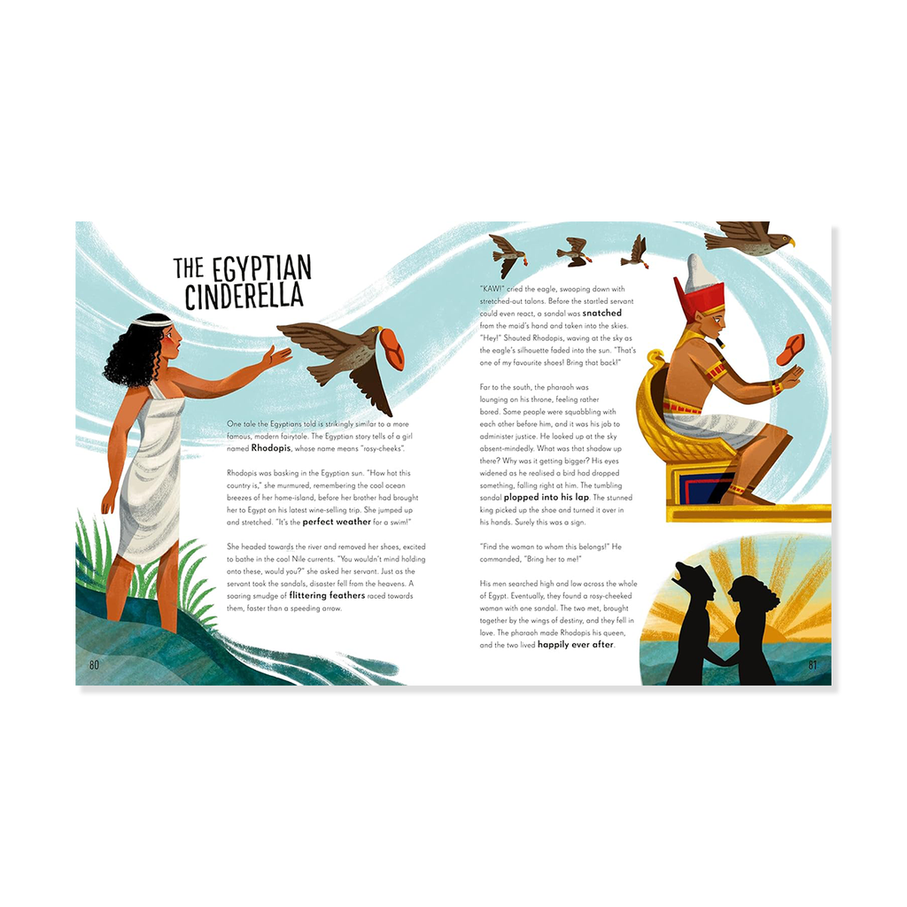 Illustrated book page titled 'The Egyptian Cinderella' with characters and birds.