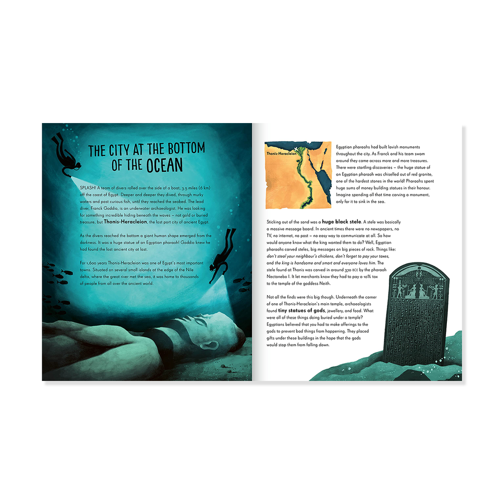 Book open to a page with an illustrated underwater scene and text, featuring a diver and ancient tomb.