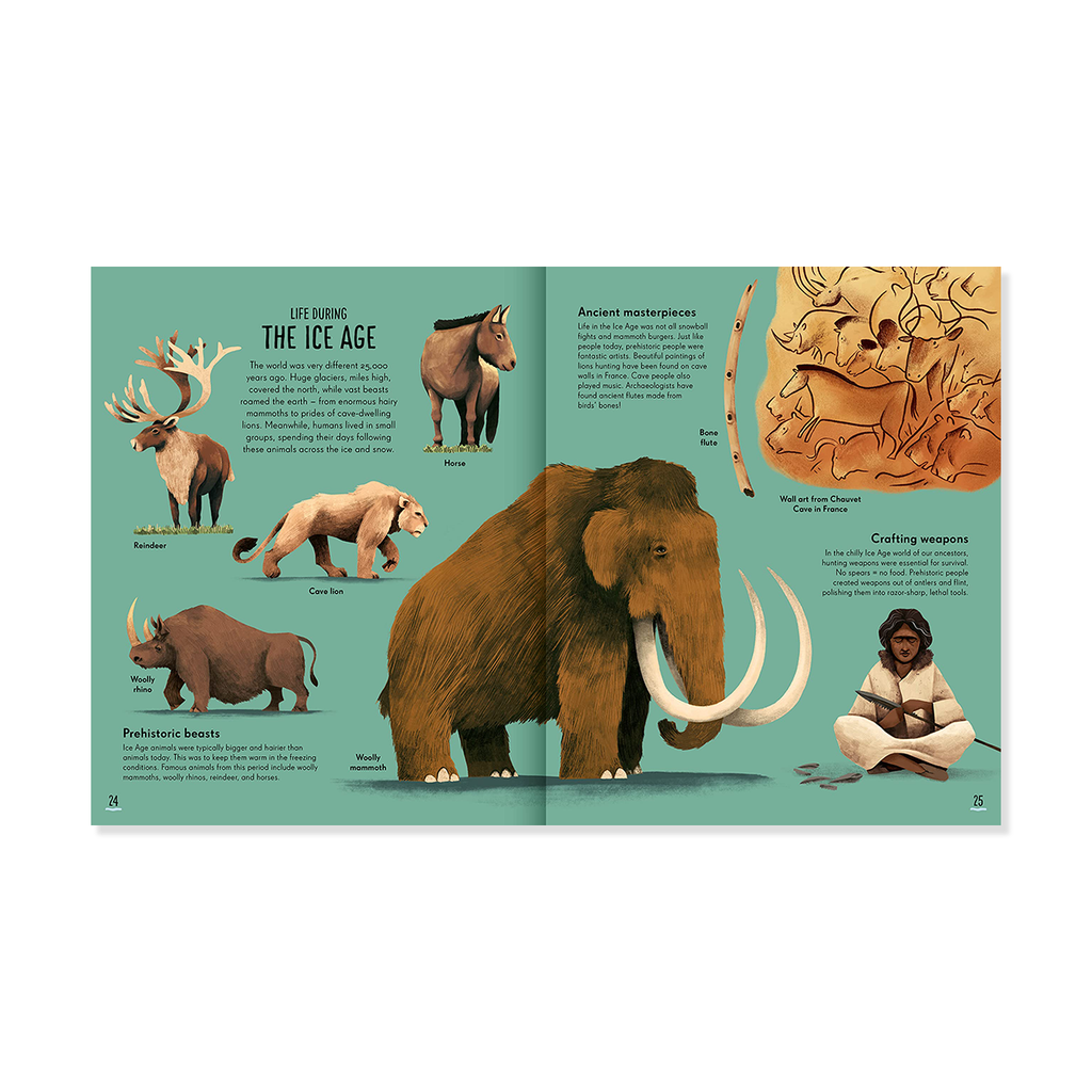 Book open to a page about the Ice Age with illustrations of mammoths, cave bears, and other prehistoric animals.