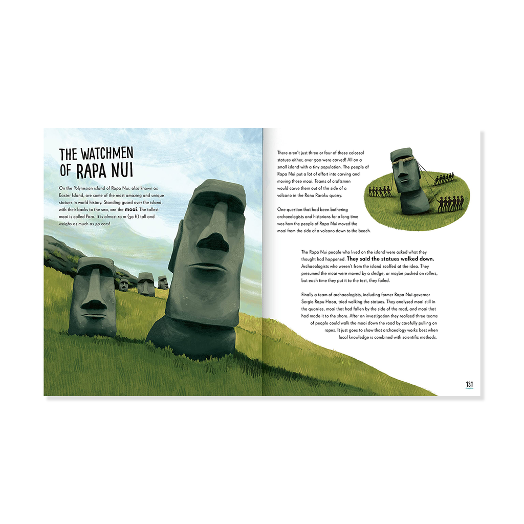 Illustration of Moai statues on Easter Island with text and additional graphics.