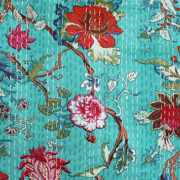 Floral patterned fabric with red, pink, and green flowers on a turquoise background