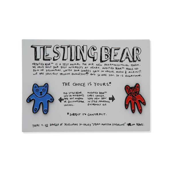 Card with text and two Radiohead bear enamel pins, one blue and one red, on a white background.