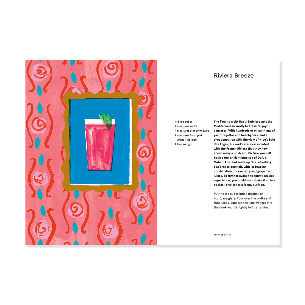 Book page with cocktail illustration and recipe on a colourful background