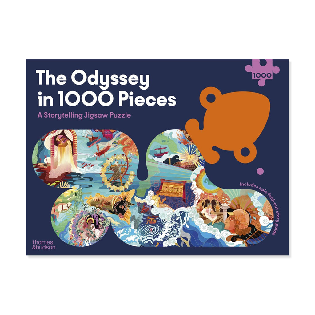 Blue jigsaw puzzle box for The Odyssey storytelling jigsaw on a white background.