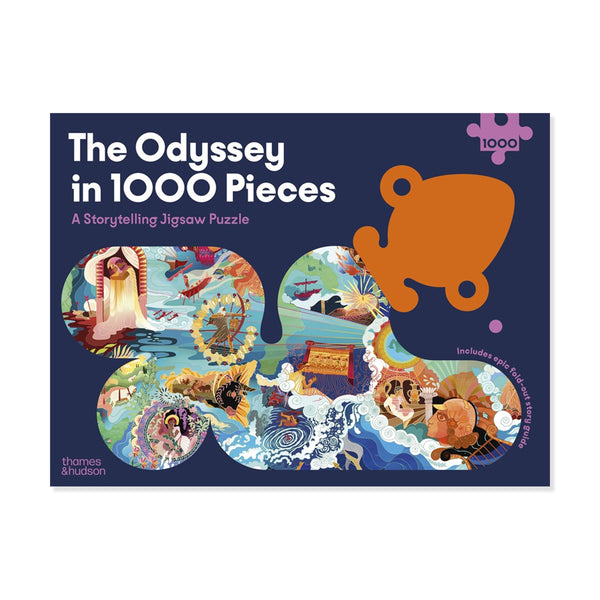 Blue jigsaw puzzle box for The Odyssey storytelling jigsaw on a white background.