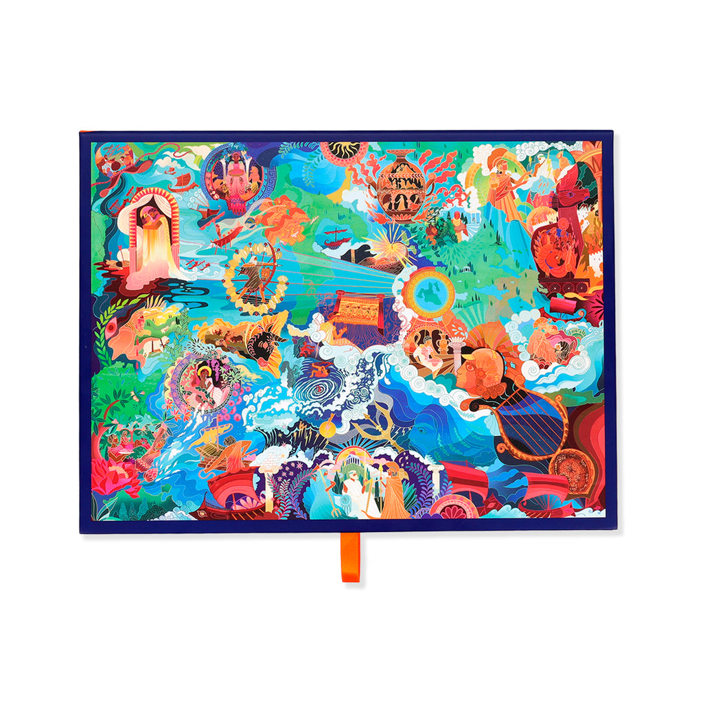 Colourful puzzle map with cartoon characters and scenes from Homer's Odyssey on a white background